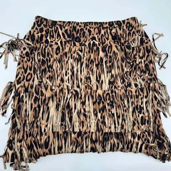 CHICO'S BROWN/ tan ANIMAL LEOPARD PRINT FRINGE PULL ON SKIRT size 2 US large - Picture 4 of 9